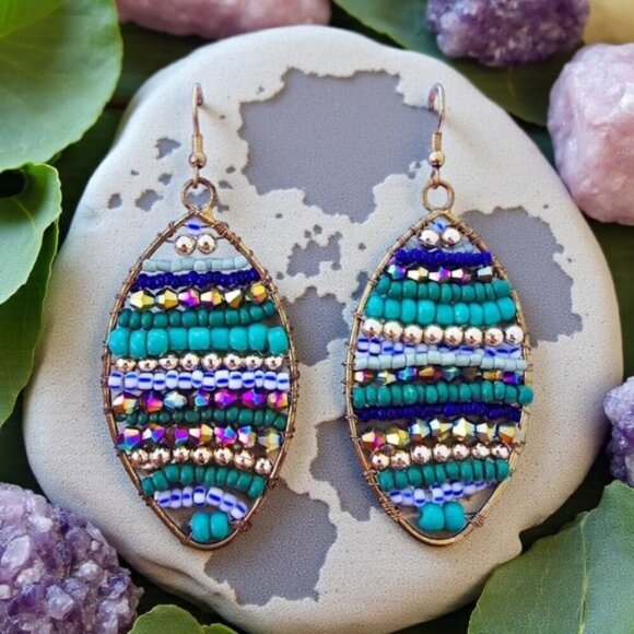 Indian Boho Chic Artisan Coastal Squash Tail Earrings Colorful Beaded Trendy - Picture 5 of 12